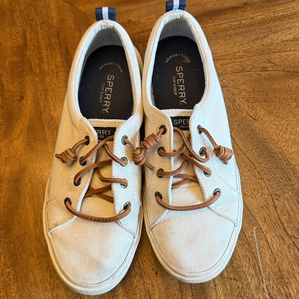 Womens Sperry Top-Sides white canvas sneakers, size 8.5 Memory Foam